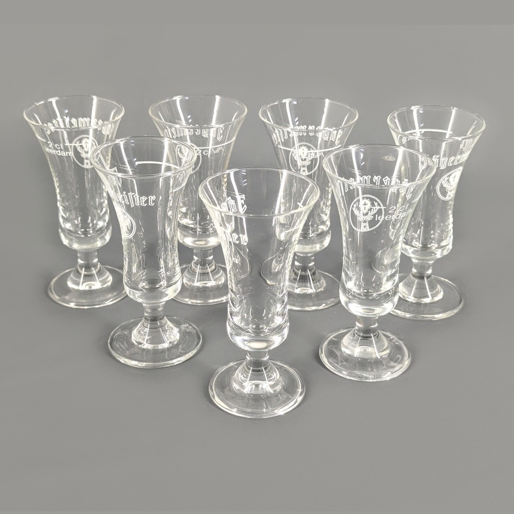 7 Vintage Jagermeister Stemmed Shot Glasses Clear Glass 2cl Barware Stag Logo